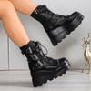 Women's Goth Platform Motorcycle Boots Punk Rivet Buckle Strap Combat Booties for Women Thick Bottom Wedge Heels Mid Calf Shoes