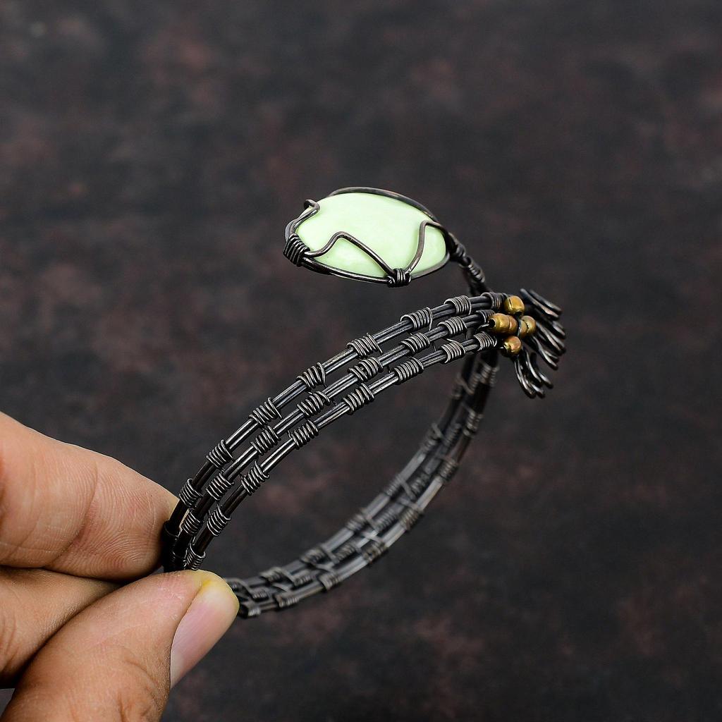 Браслет-манжета из лимонного хризопраза, браслет с медной проволокой, регулируемый браслет-манжета, ювелирное изделие с медной проволокой, свадебный подарок, браслет ручной работы из драгоценных камней