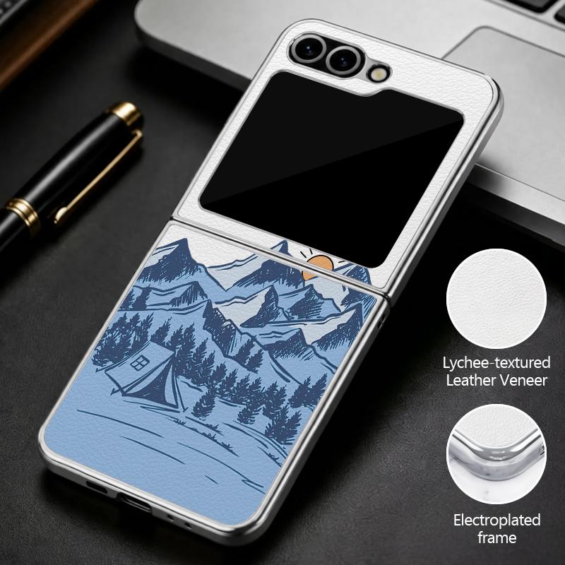 Кейс-Арт 'Горная Долина' для кемпинга для Samsung Galaxy Z Flip 8 7 FE 6 5 4 Z Flip8 Flip7 Flip6 Flip5 Роскошная Позолоченная Кожаная Накладка Чехол для Телефона