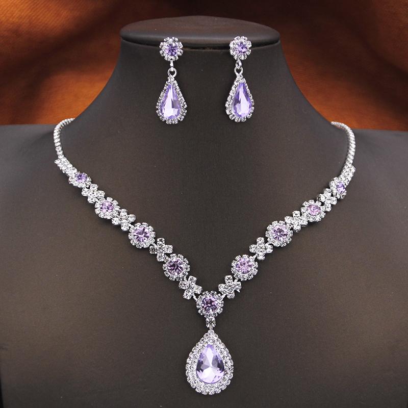 Women's Rhinestone Water Drop Bridal Jewelry Set Birthday Prom Purple Choker Necklace Earrings Wedding Bride Accessory Fashion