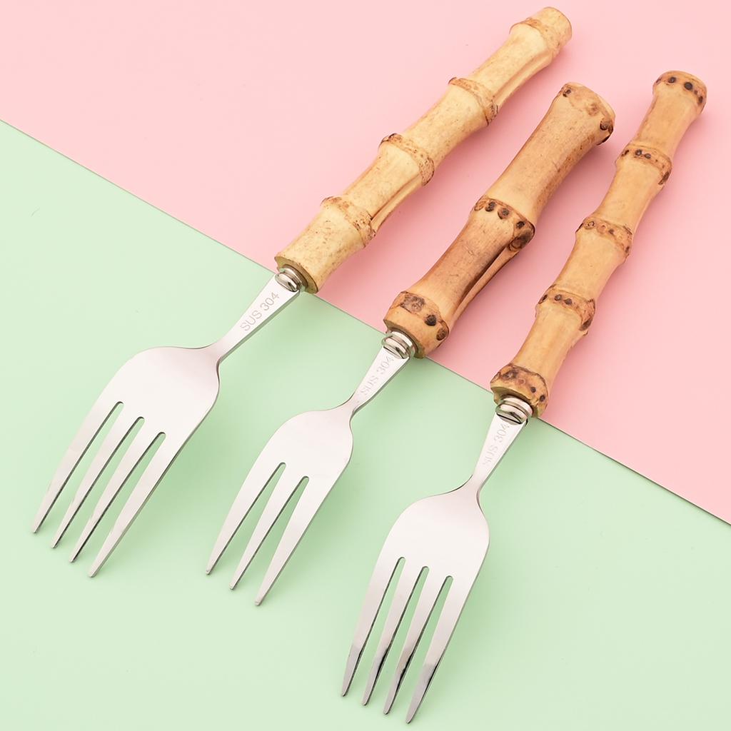 1Pc Wood Bamboo Handle Cutlery 304 Stainless Steel Dinnerware Serving Fork Spoon Flatware Knife Salad Fork Tea Spoon Tableware