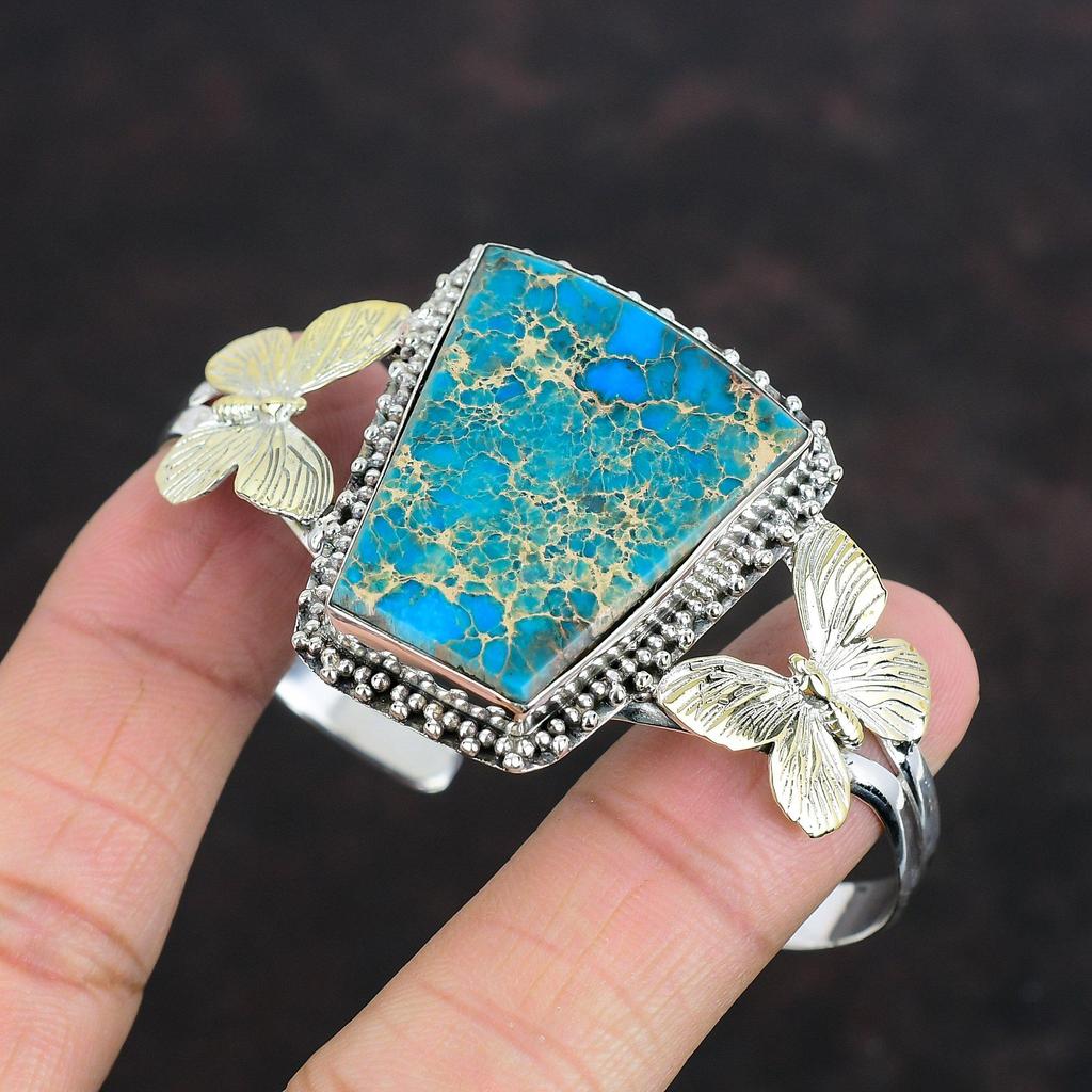 Blue Sea Sediment Jasper Bangle Gemstone Butterfly Bangle 925 Sterling Silver Cuff Bracelet 18K Gold Plated Adjustable Bangle Gifts For Him