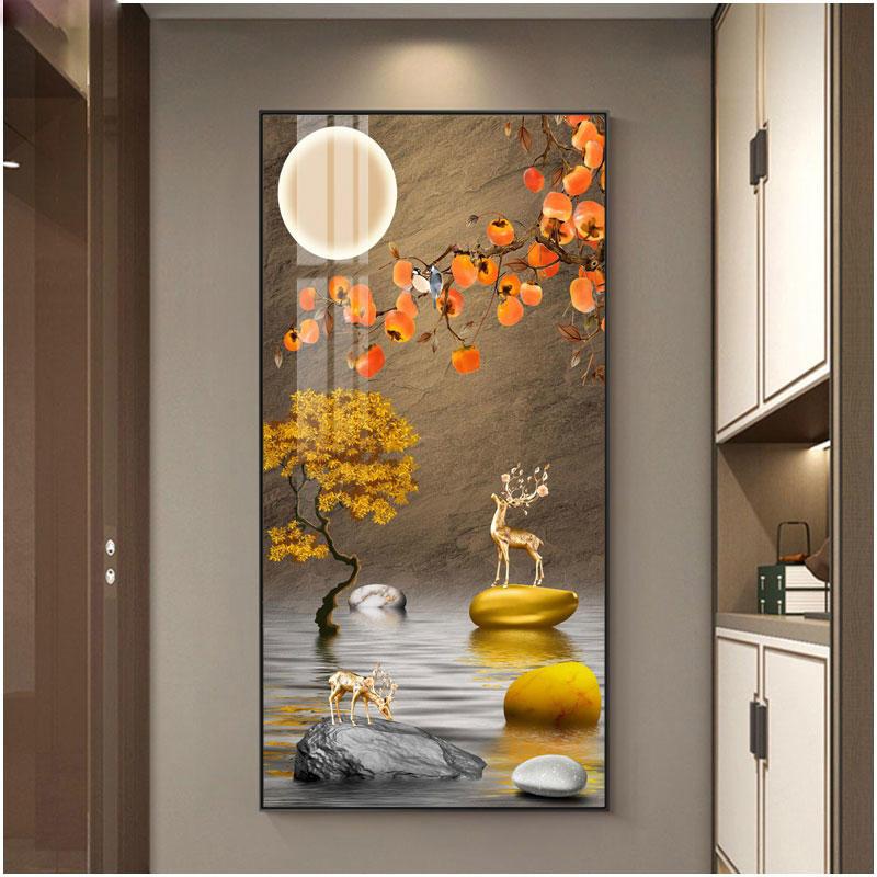 Abstract Fengshui Golden Zen Stone Canvas Painting Golden Moon Deer Wall Art Rich Tree Posters for Porch Wall Decor No Frame