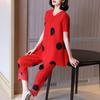 Plus Size Women Clothing Stretch Loose Pleated 2PCS Set Summer Polka Dot Round Neck Short Sleeve Top + Pencil Pants