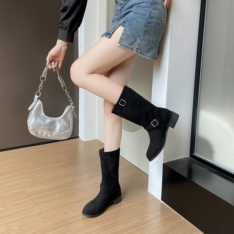 Boots Women 2024 New Autumn Chunky Heel Brown Western Cowboy Boot Belt Buckle British Retro Ankle