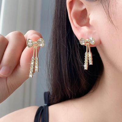 Серьги-бантики с кристаллами и бриллиантами: Модный корейский дизайн с серебряной иглой для женщин