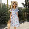 Женское летнее платье с v-образным вырезом и коротким рукавом с высокой талией, повседневное шикарное платье трапециевидной формы с цветочным принтом, S-XXL