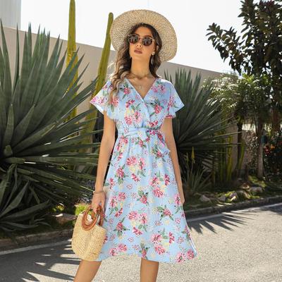 Женское летнее платье с v-образным вырезом и коротким рукавом с высокой талией, повседневное шикарное платье трапециевидной формы с цветочным принтом, S-XXL