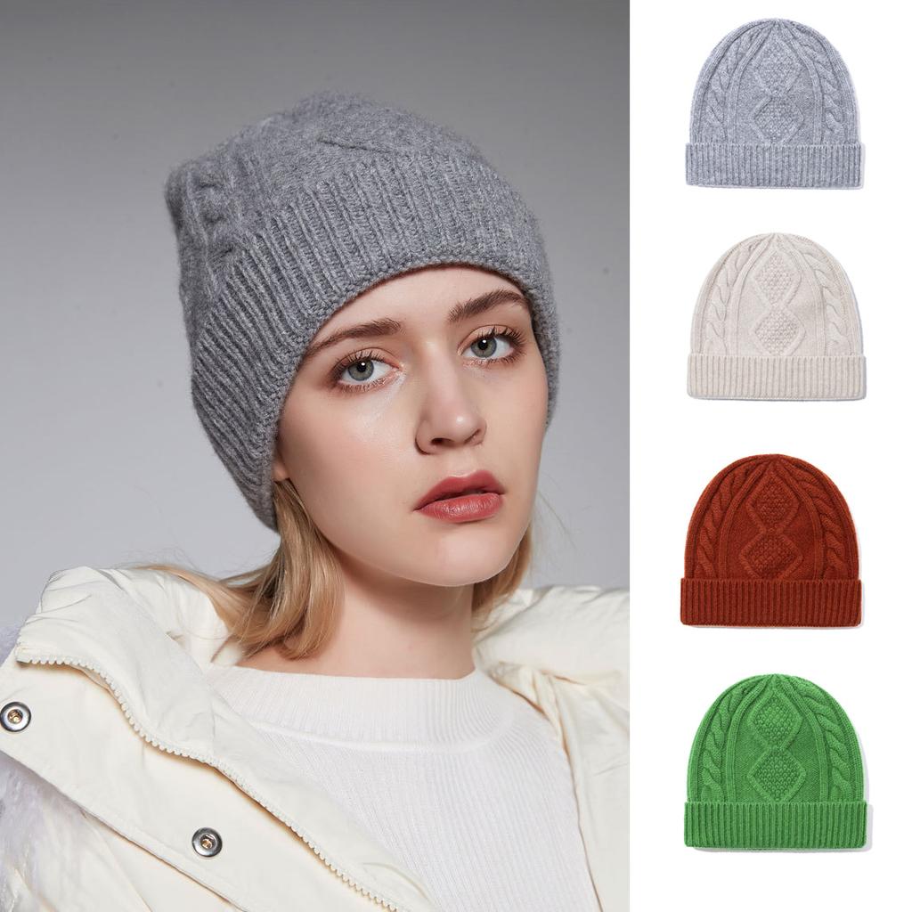 Winter Hat Warm Knitted Thick Cap for Women Sheep Wool Twist Hat Cashmere Handle Jacquard Hat