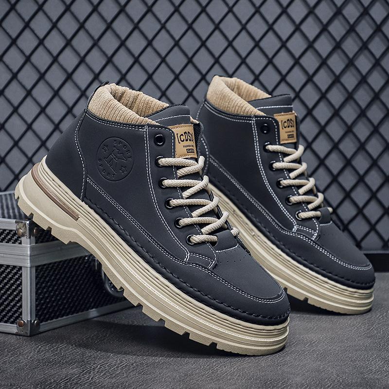 New Spring Outdoor Work Boots Men's Shoes Mid-top Short Boots British Style Leather Shoes Fashion Trendy Casual Shoes