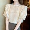 Elegant Vintage Puff Sleeve Shirt Women Summer Tops Slim Fit Lace Spliced Casual Blouse for Women Fashion Simple Round Neck Female Blouses 24451