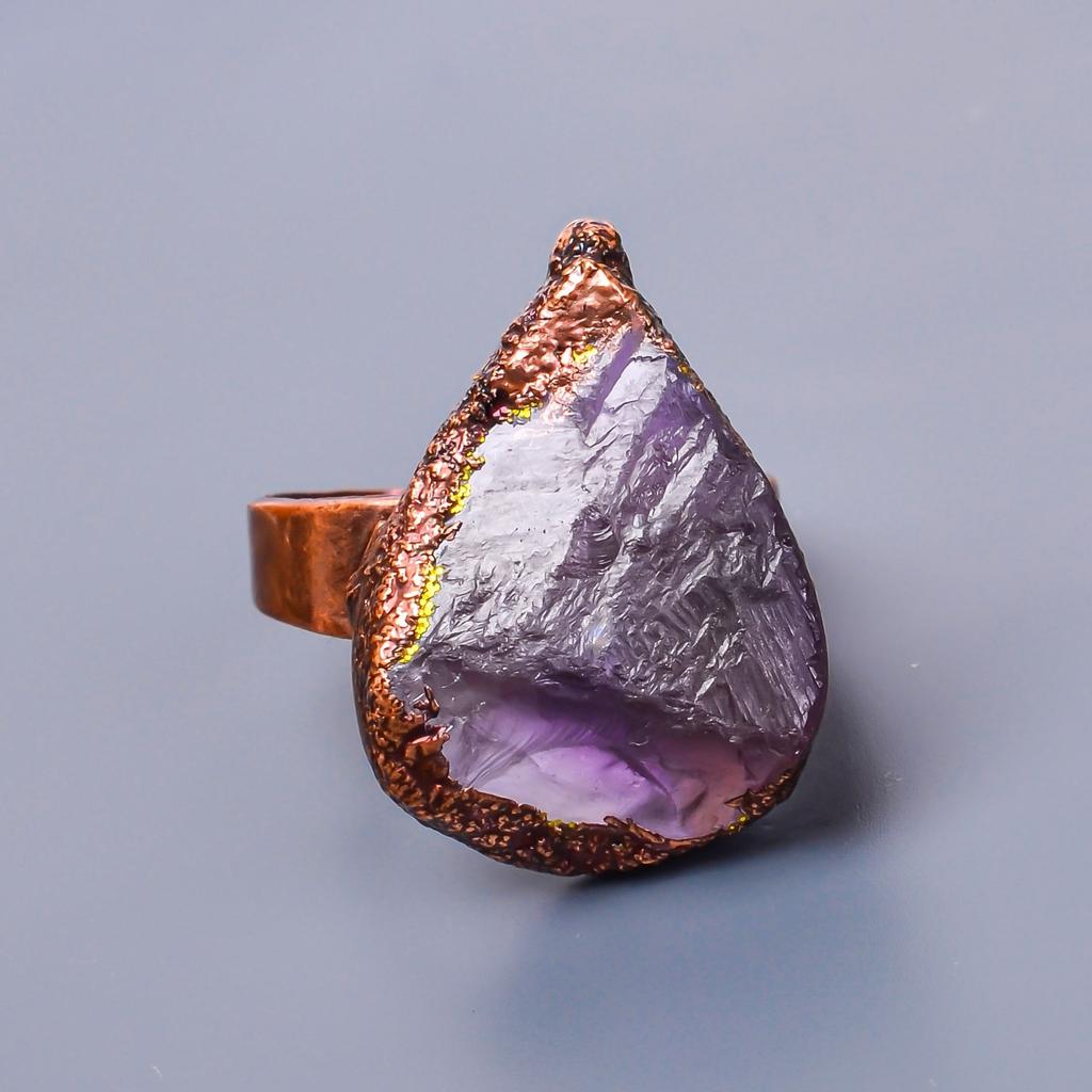 Грубый камень Аметист Груша Корона Чакры Вечности Обещание Бохо Кольцо Ювелирное изделие Медь V-14