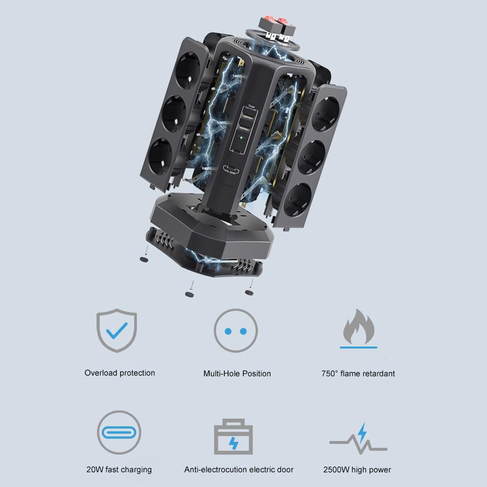 Сетевой фильтр 12 бит с защитой от перенапряжения 4000 Вт 16 А с удлинительным кабелем 1,8 м, 2 порта USB A и 2 порта USB C PD20 Вт, верхний переключатель