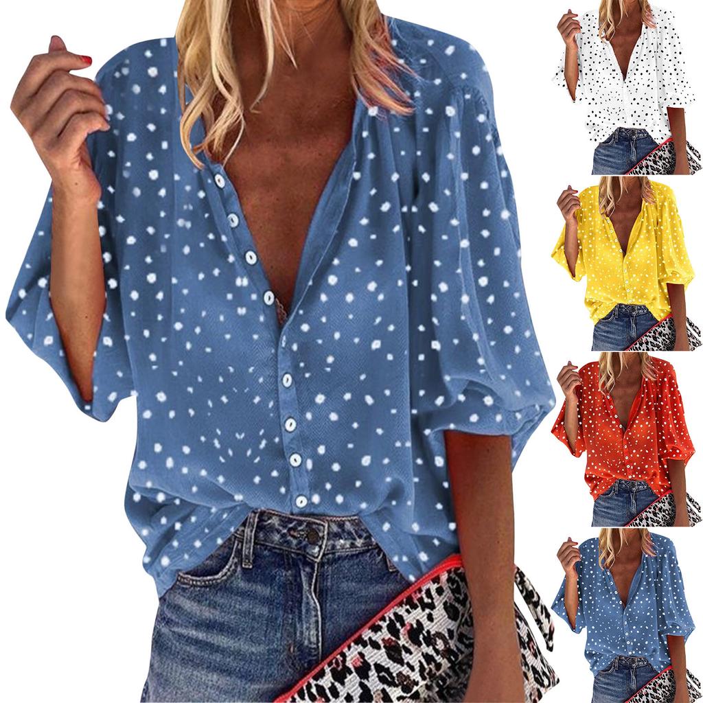 Autumn New Polka Dot Printed Long Sleeved Lapel Single Breasted Shirt