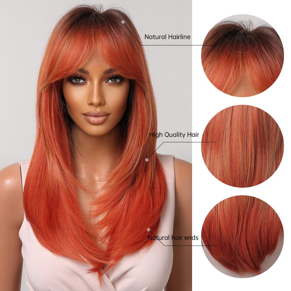 Long Layered Synthetic Wigs Orange Red Straight Bang Ombre Wig With Dark Roots Heat Resistant for Black Women Halloween Cosplay