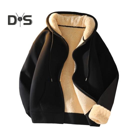 Men Fall Winter Hoodie Thick Fleece Lined Hooded Long Sleeves with Pockets Solid Color Loose Elastic Cuffs Drawstring Jacket Couple Sport Coat