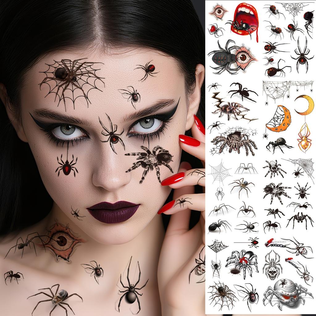 8PCS Halloween Temporary Tattoo - Designs for evil spiders, bats, pumpkins, etc., for face painting, party gifts, and decorations