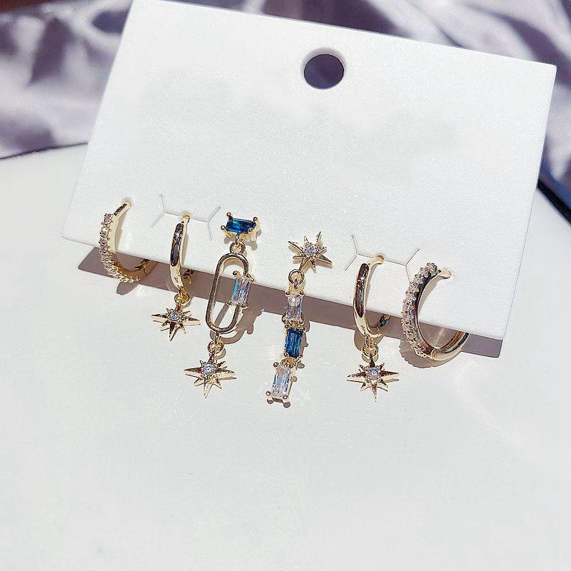 ANENJERY Набор серег-кольца со звездами для женщин, роскошные романтические украшения с синим цирконом