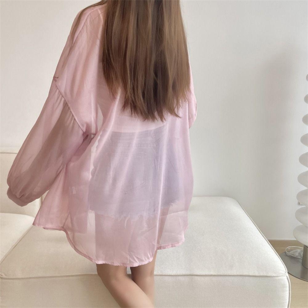 Chiffon Women Shirt Blouse Solid Color Female Loose Cardigan Casual Long Sleeve Top