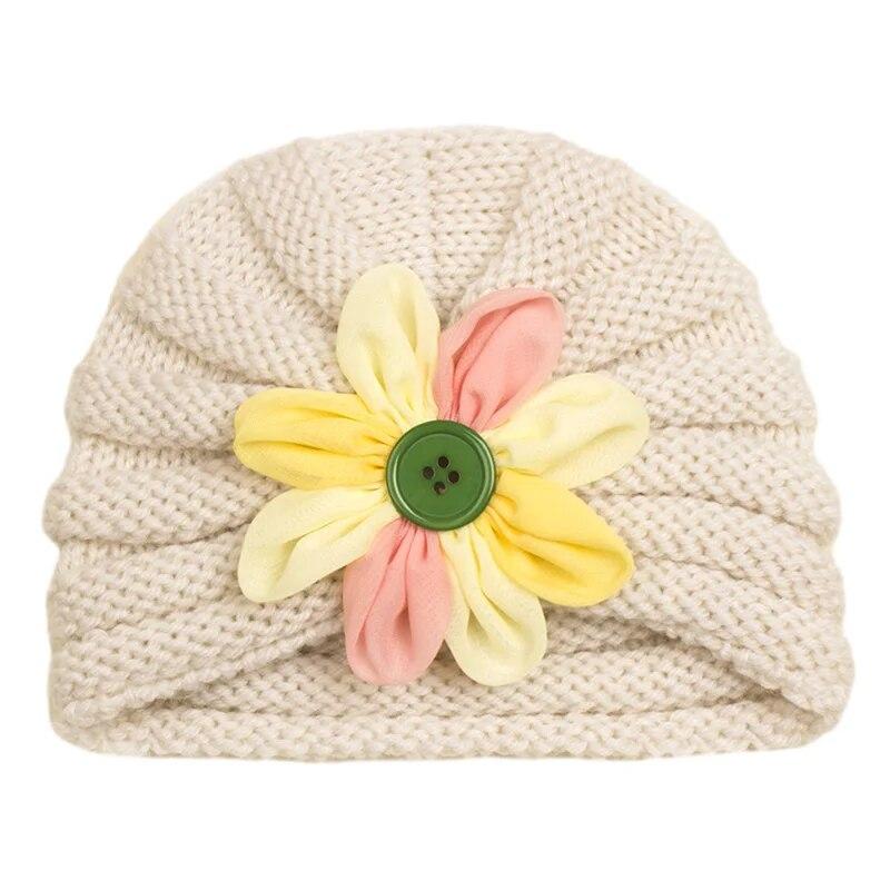 Вязаная детская шапка с пуговицами и цветком для мальчиков и девочек, осенне-зимняя теплая толстая мягкая шапочка, милая шерстяная шапочка для новорожденных малышей