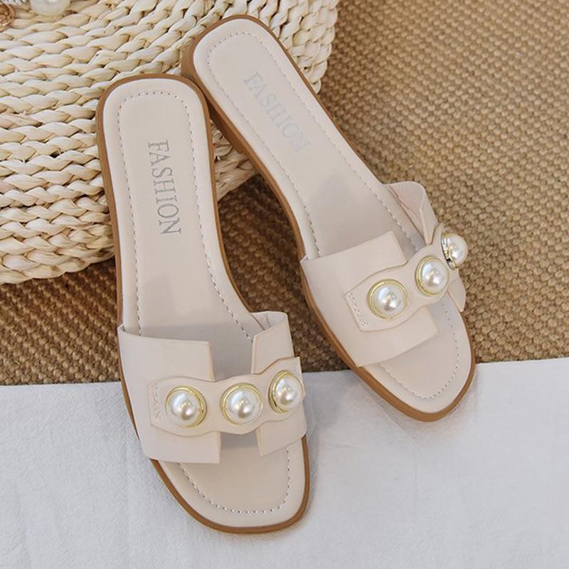 Модные женские туфли на плоской подошве с жемчугом, удобная верхняя одежда, модные элегантные туфли на плоской подошве, тапочки в корейском стиле, бежевые, черные, на низком каблуке, повседневные пляжные шлепанцы