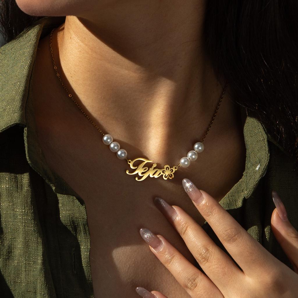 Atoztide Custom Name Necklace for Women Imitation Pear Chain Stainless Steel Jewelry Clavicle Choker Personalized Christmas Gift