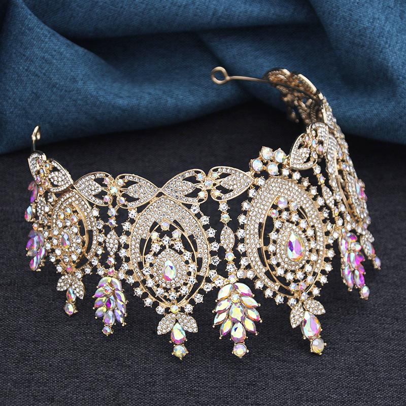 AB Crystal Pageant Miss Bridal Crown Vintage Baroque Rhinestone Big Tiara Wedding Headdress for Party Jewelry Hair Accessories