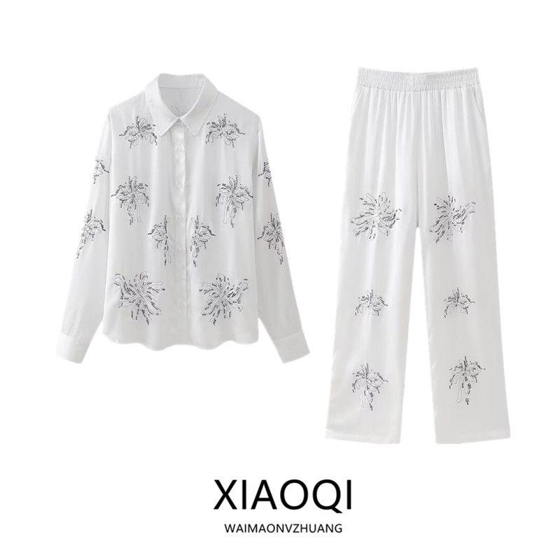 Fashion Style 2024 Spring New Women's Loose Temperament Beaded Embroider Shirt High Waist Pants 4786044 712
