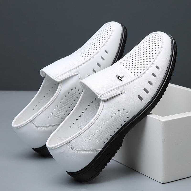 Men's White Leather Sandals Men's New High-end Leather Shoes Summer 40 To 50 Years Old Hollow Punched Hole Dad Shoes