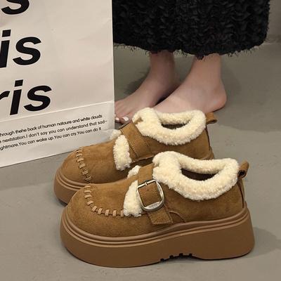 Женские кожаные зимние сапоги на высокой платформе, утепленные толстым мехом, теплые пушистые лоферы, хлопковая обувь