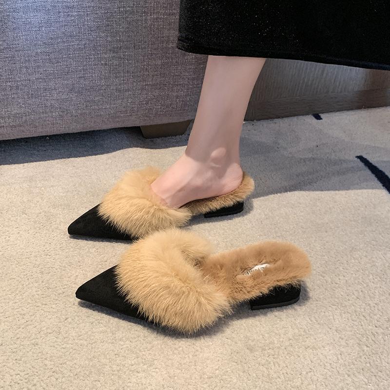 Fashion Baotou Fur Slippers for Women To Wear In Autumn and Winter, High-heeled Internet Celebrity Pointed Toe Block Heel Semi-slippers