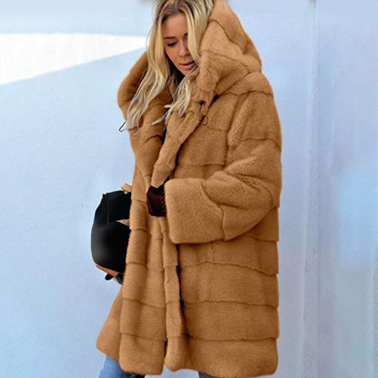 Женская зимняя куртка больших размеров из искусственного меха с капюшоном, свободная верхняя одежда средней длины, многослойное тепловое плюшевое пальто для повседневной работы на открытом воздухе