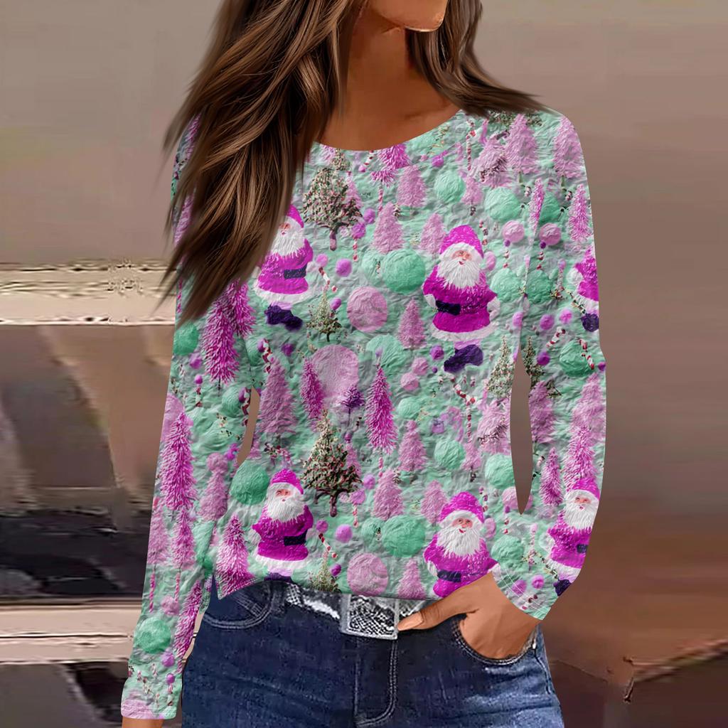 Women's Fashion Hem Slit Casual Christmas Printed Round Neck Long Sleeve Top