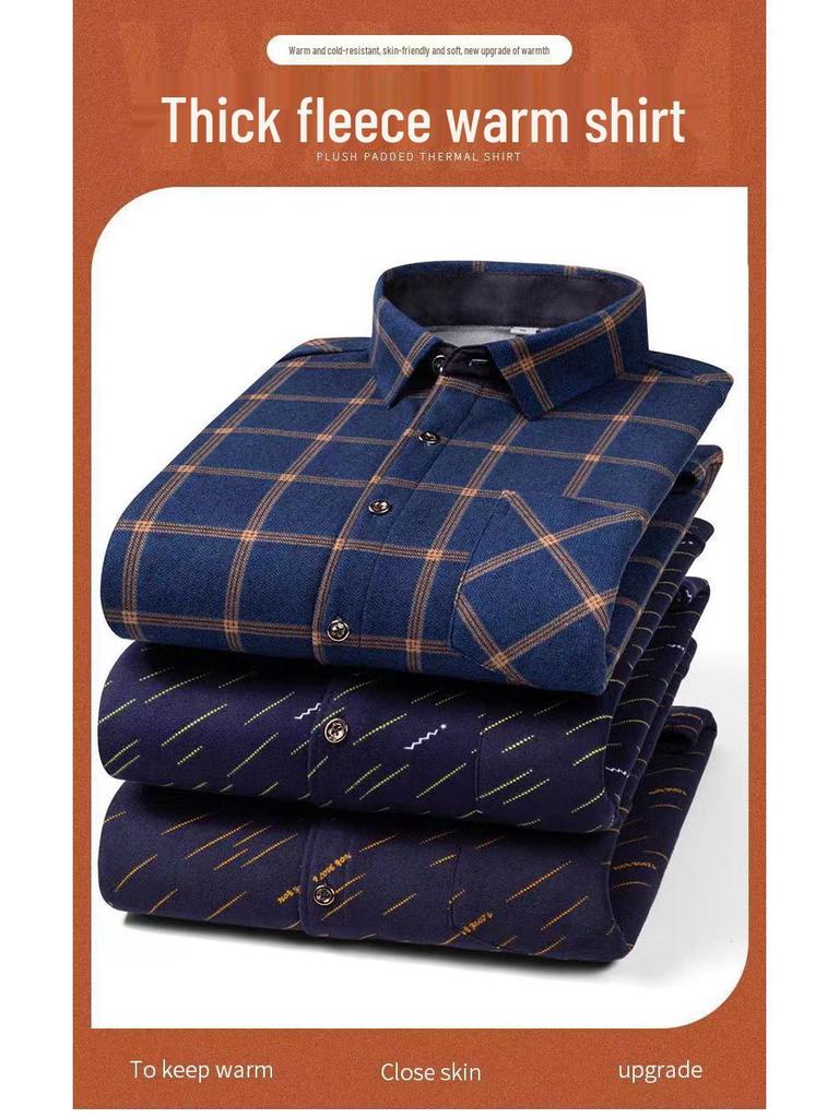 Мужская зимняя фланелевая рубашка на флисовой подкладке - Теплая, с длинным рукавом, в стиле business casual для мужчин среднего и пожилого возраста, доступны большие размеры