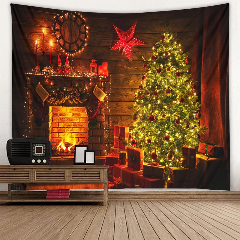 Fireplace Christmas Tree Print Tapestry Christmas Room Wall Decoration Backdrop Fabric Home Decor Tapestry Tapeçaria De Natal