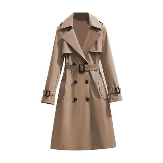 Women's Double Breasted Long Trench Coat Belted Notch Lapel Overcoat Fall Winter Windproof Classic Outerwear