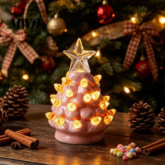 Office Desk Holiday Decorations Christmas Tree Ornament, Glowing Retro Resin Tabletop Decor with Star Mini Topper, Vintage Xmas Trees Night Light for