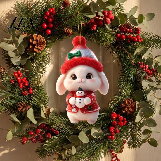 Christmas Tree Hanging Ornaments Bunny Wooden Ornament, 2D Flat Rabbit Decor with Santa Reusable Hat, Holiday Pendant for Wreath Door, Festive