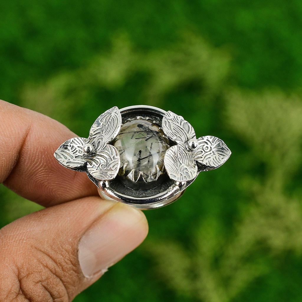 Natural Black Rutile Gemstone 925 Silver Promise Flower Ring Size 7 For Women