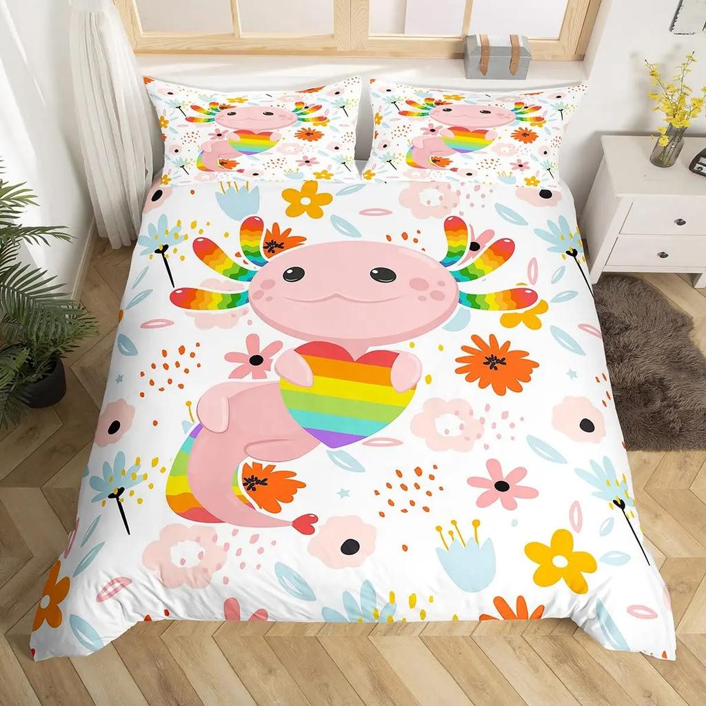 Axolotl Duvet Cover Set Pink Newt Wildlife Comforter Cover With Pillowcases Cartoon Octopus Animal Kawaii Style Twin Quilt Cover