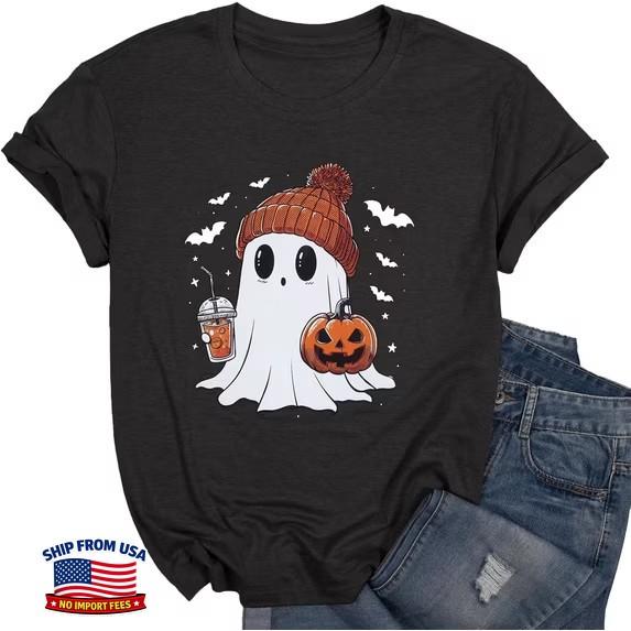 Halloween T-Shirt Cute Ghost Fall Pumpkin Graphic Shirt Coffee Lover Tees Short