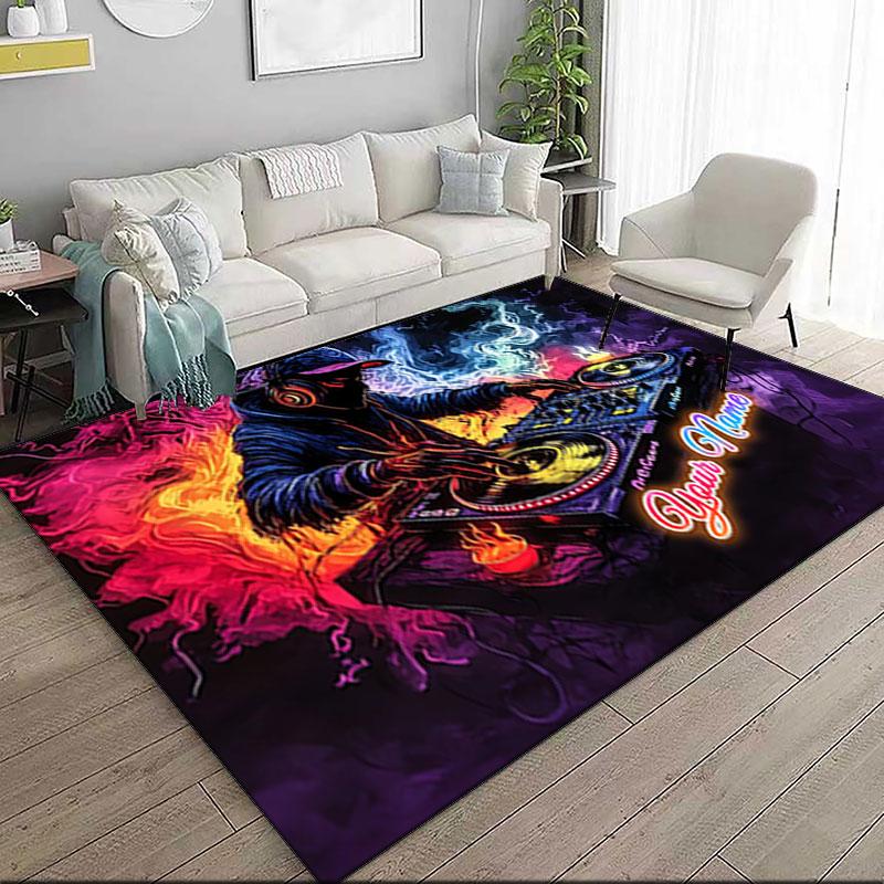 1PC Custom Name Energetic DJ Flames Theme Floor Mat Ideal for Living Room, Game Rooms, Office, Bedroom,Floor Mat Playful Design