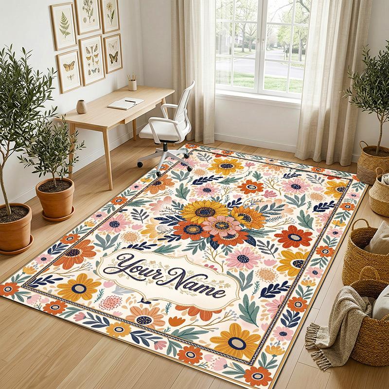 Floral Artwork Theme Soft Crystal Velvet Rug Custom Name & Text Print Non Slip Floor Rug for Bedroom Living Room