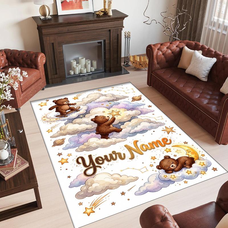 Teddy Bear Theme Crystal Velvet Rug Personalized Custom Name Text Soft Floor Mat Home Decor