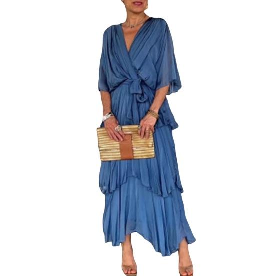 Женское летящее шифоновое платье для гостьи на свадьбе, с оборками, рукавом до локтя, завышенной талией, присборенное платье-запа́х, V-образным вырезом, многоярусное платье-свинг