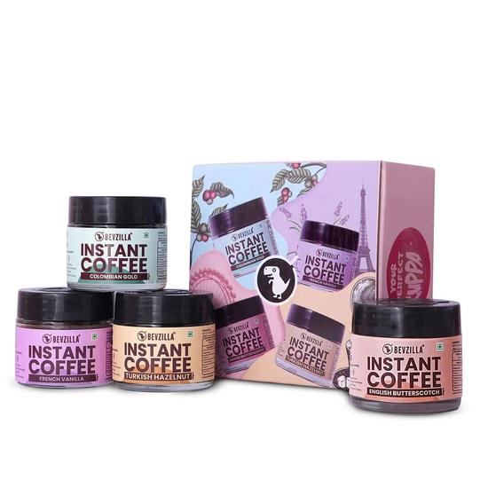 Bevzilla 25 Grams X 4 Flavoured Instant Coffee Powder Pack of Colombian Gold, Hazelnut, French Vanilla & English Butterscotch |Enjoy Hot & Cold
