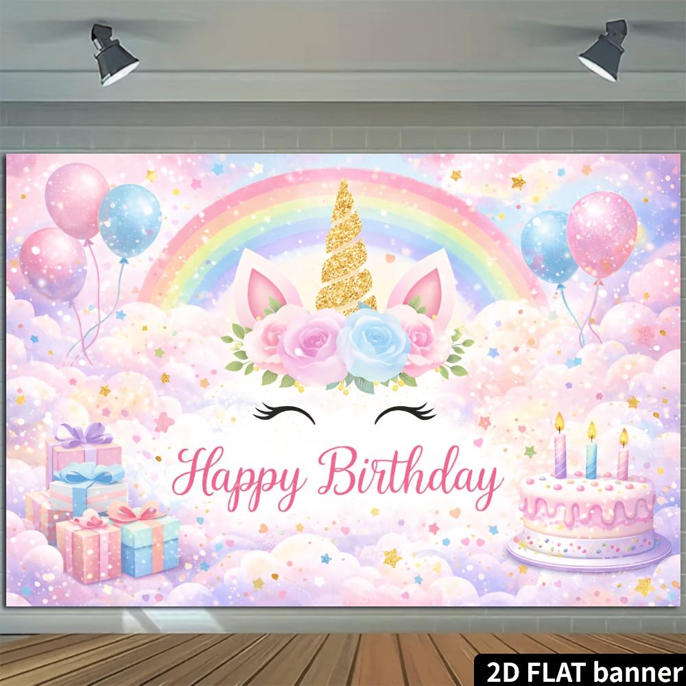 2D flat birthday party banner background - Unicorn, with a pink-blue gradient of roses