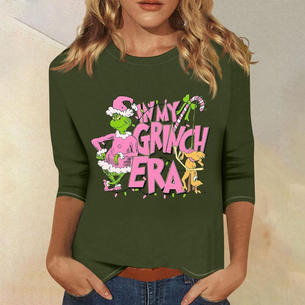 3/4 рукава топы для женщин футболка повседневные рождественские принты топы футболка круглый вырез пуловер блузка