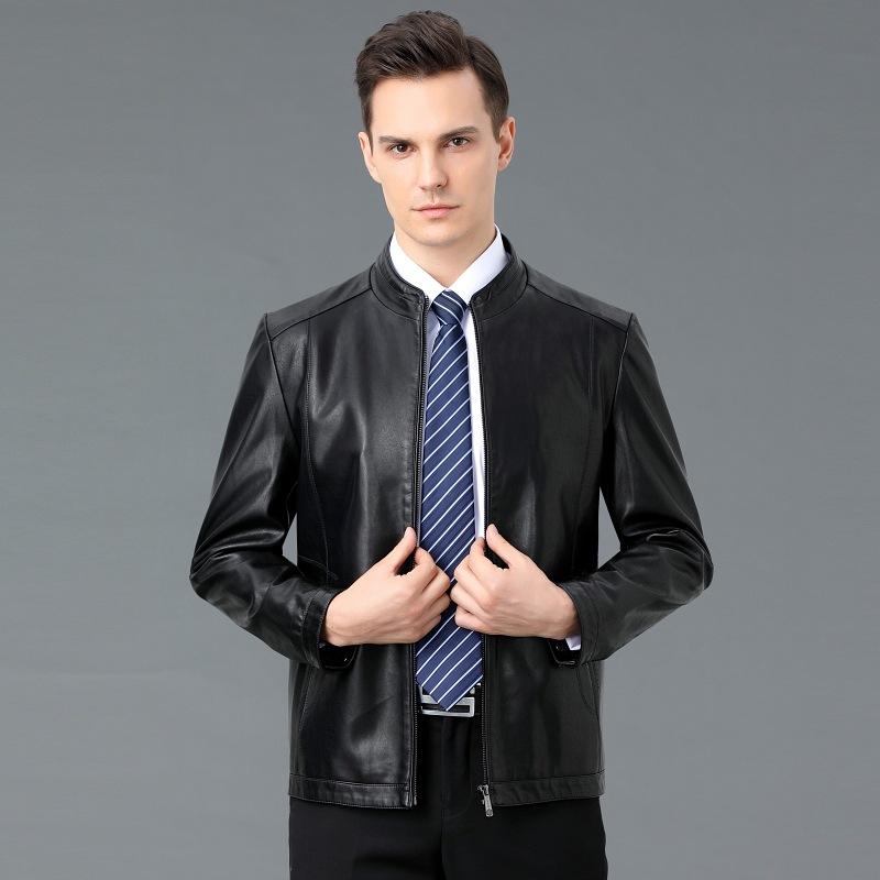 Новая стильная кожаная куртка для молодых и мужчин среднего возраста на весну и осень, одинарный кожаный тонкий воротник-стойка из овчины плюс флисовый верх из кожаной куртки