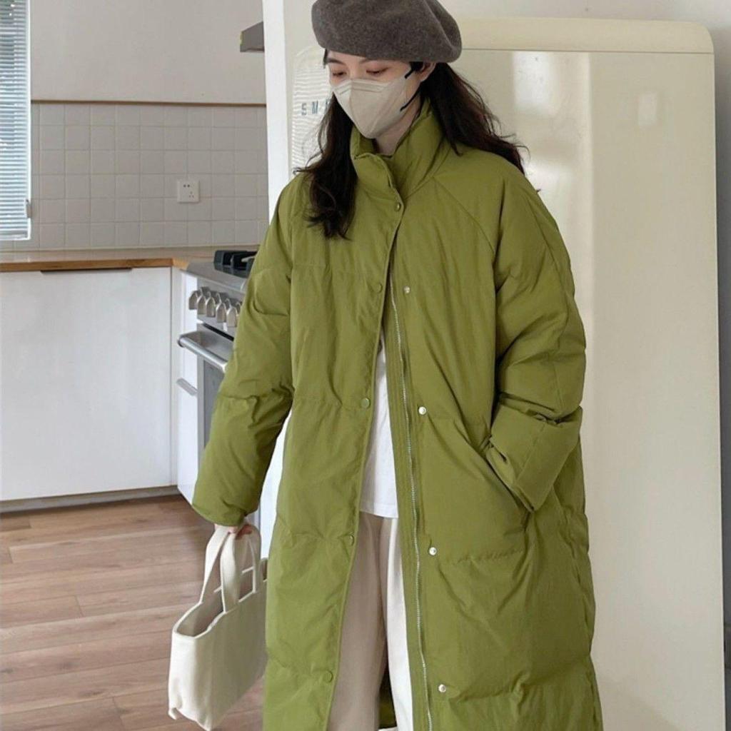Женский пуховик средней длины в корейском стиле - Однотонный, воротник-стойка, свободный крой, теплая зимняя куртка.